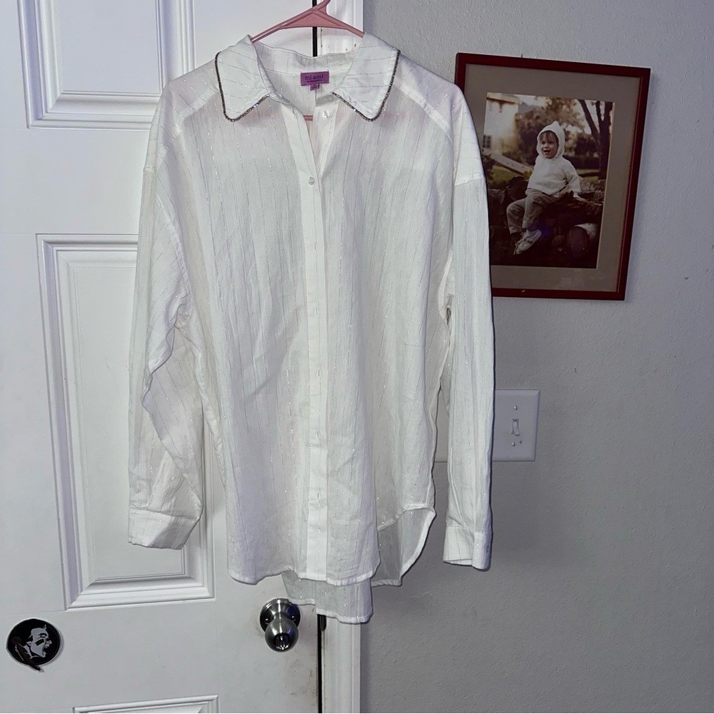 Mi Ami Francesca's Button Down Shirt‎ Womens M White Silver Rhinestone NWT New